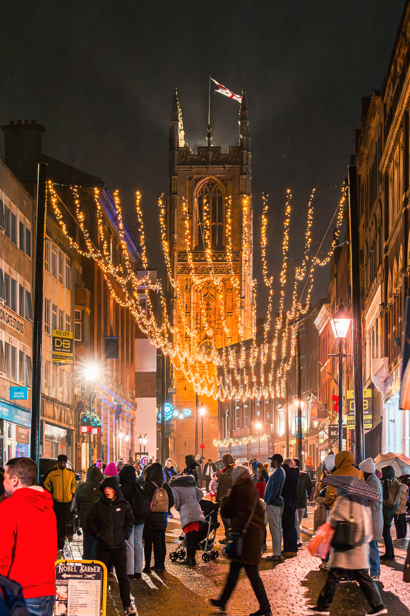 Derby Cathedral on Iron Gate decorated with Christmas lights at night